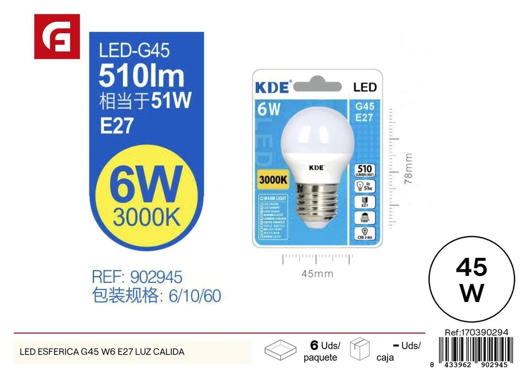 Bombilla LED esférica G45 W6 E27 luz cálida - Iluminación eficiente