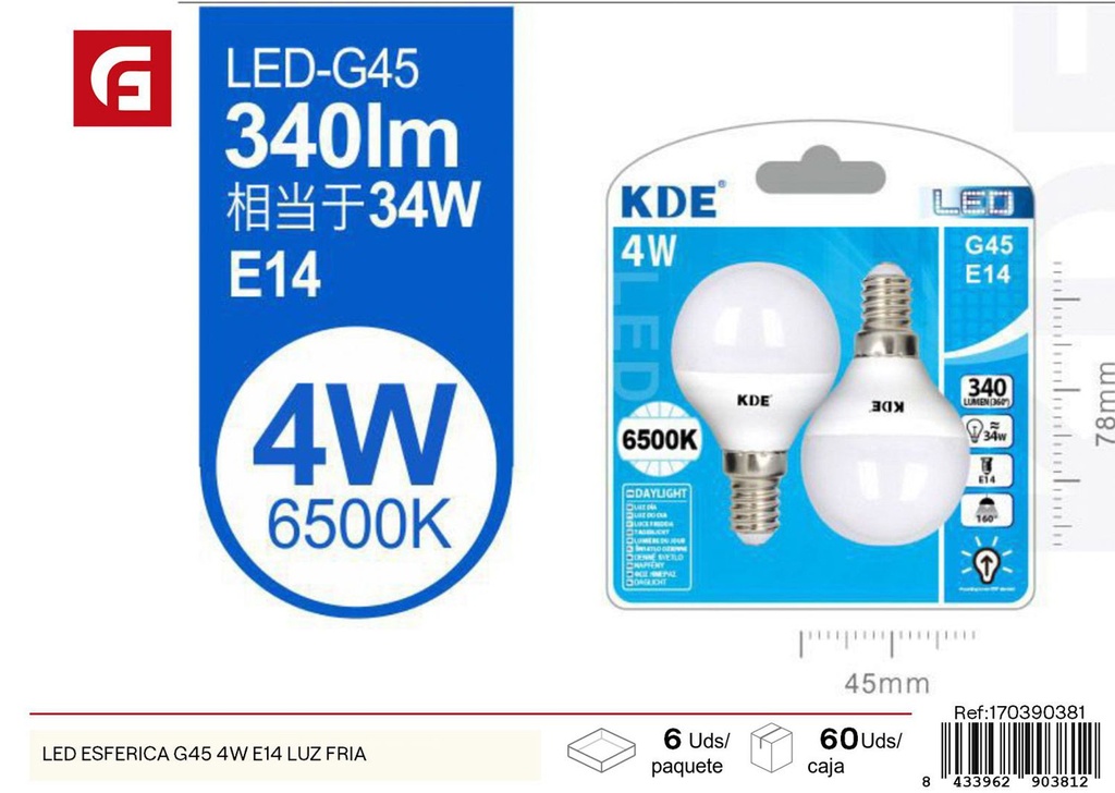 Bombilla LED esférica G45 4W E14 luz fría - Iluminación eficiente