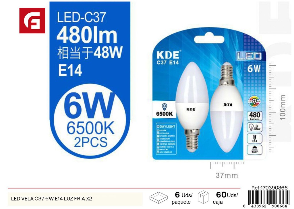 Bombilla LED vela C37 6W E14 luz fría (pack de 2) - Iluminación eficiente
