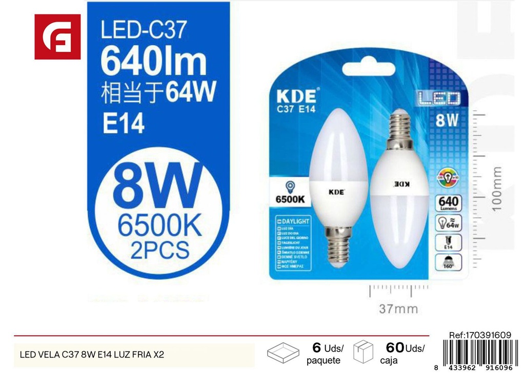 Bombilla LED vela C37 8W E14 luz fría (pack de 2) - Iluminación eficiente