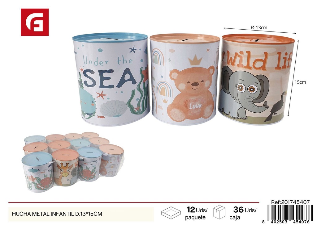 Hucha metálica infantil 13 cm de diámetro y 15 cm de altura - Accesorios decorativos