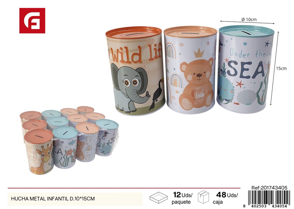 Hucha metálica infantil 10 cm de diámetro y 15 cm de altura - Accesorios decorativos