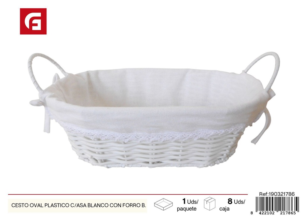 Cesto ovalado plástico con asa blanca y forro blanco - Cestas para el hogar y decoración