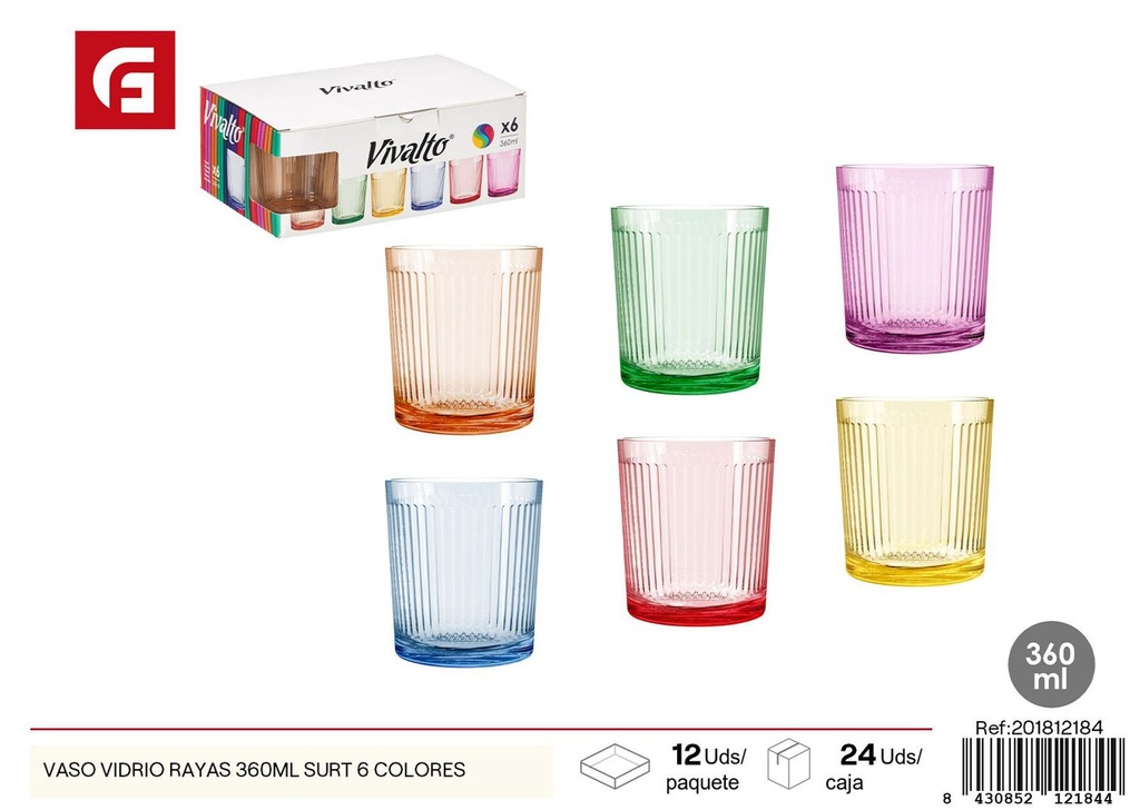 Vaso de vidrio rayas 360 ml surtido 6 colores - Vajilla de vidrio