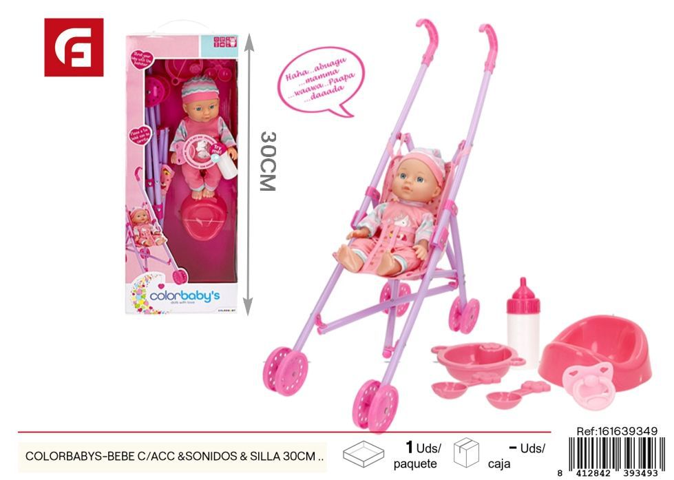 Bebé c/accesorios, sonido y silla 30cm +24m - Juguetes y muñecos