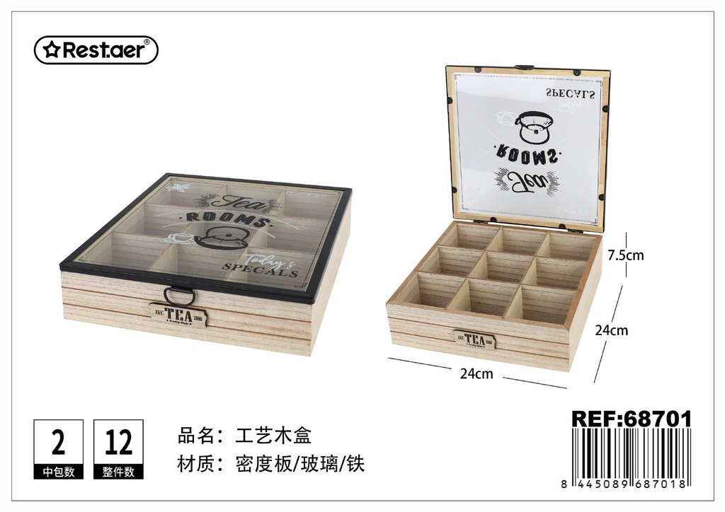 Caja de madera artesanal 9 compartimentos 24*24*7.5 cm - Almacenamiento y organización