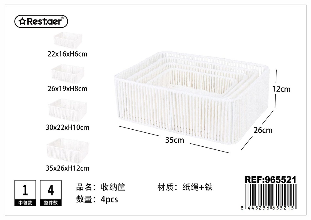 Cesta de almacenamiento de papel trenzado - 4 piezas (blancas) - Organización del hogar