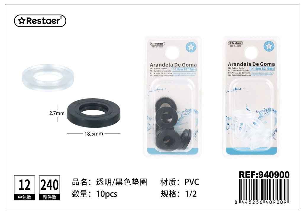 Arandela de goma transparente y negra 10 piezas - Accesorios de baño y filtrado