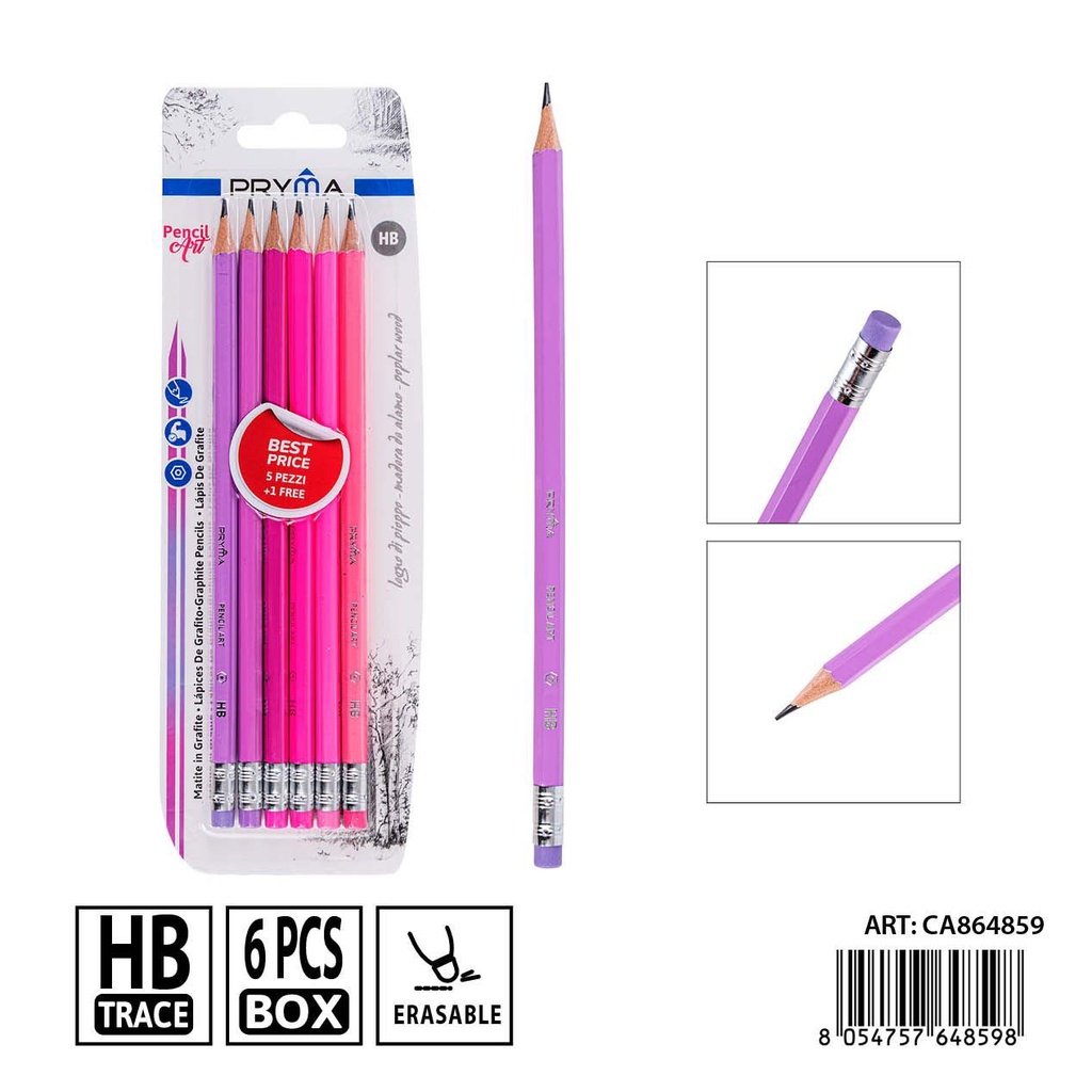 Lápiz de grafito HB con goma de borrar 5+1pzs - Herramienta de escritura esencial
