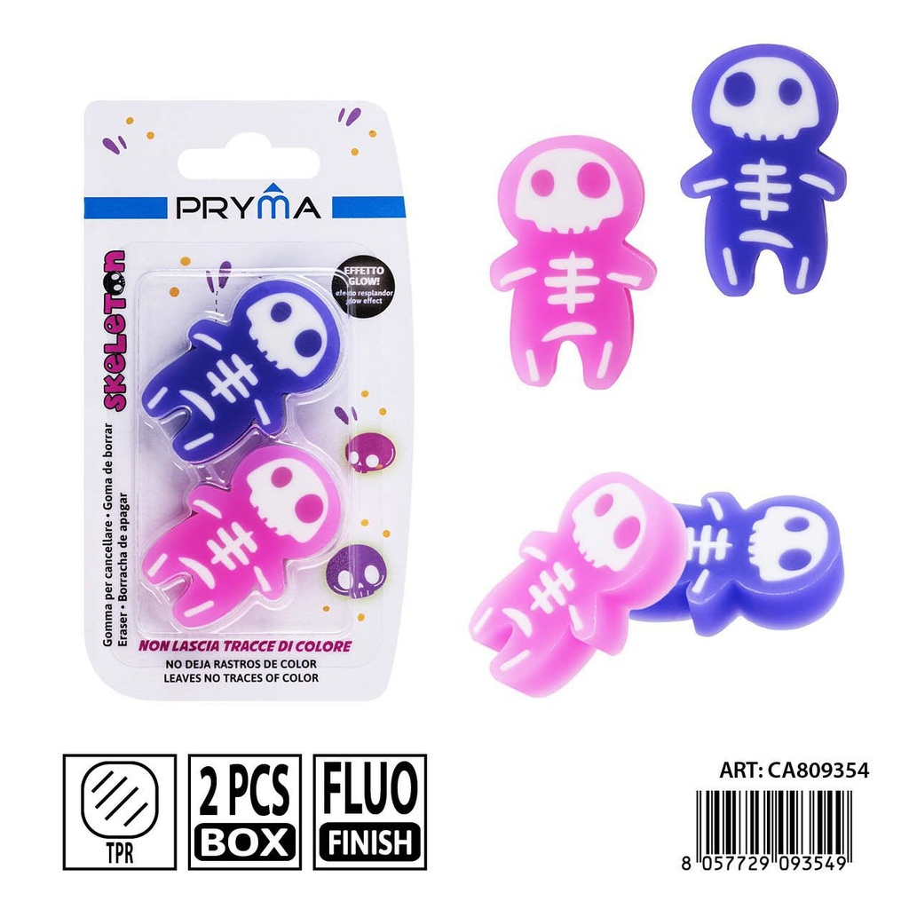 Goma de borrar en forma de esqueleto 2 piezas 5x3.1x1.1 cm - Papelería escolar