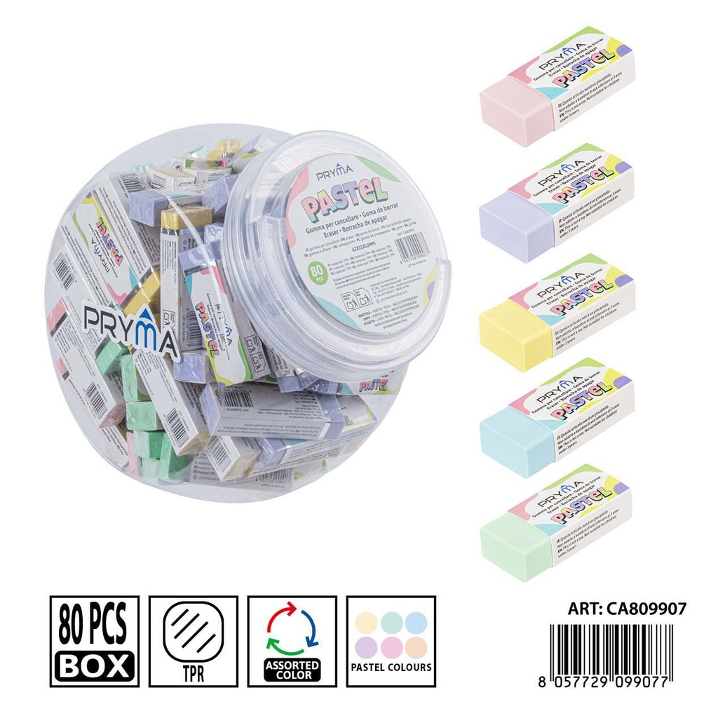 Gomas de borrar en colores macarons en envase de 80 piezas 62x21x12 mm - Papelería escolar