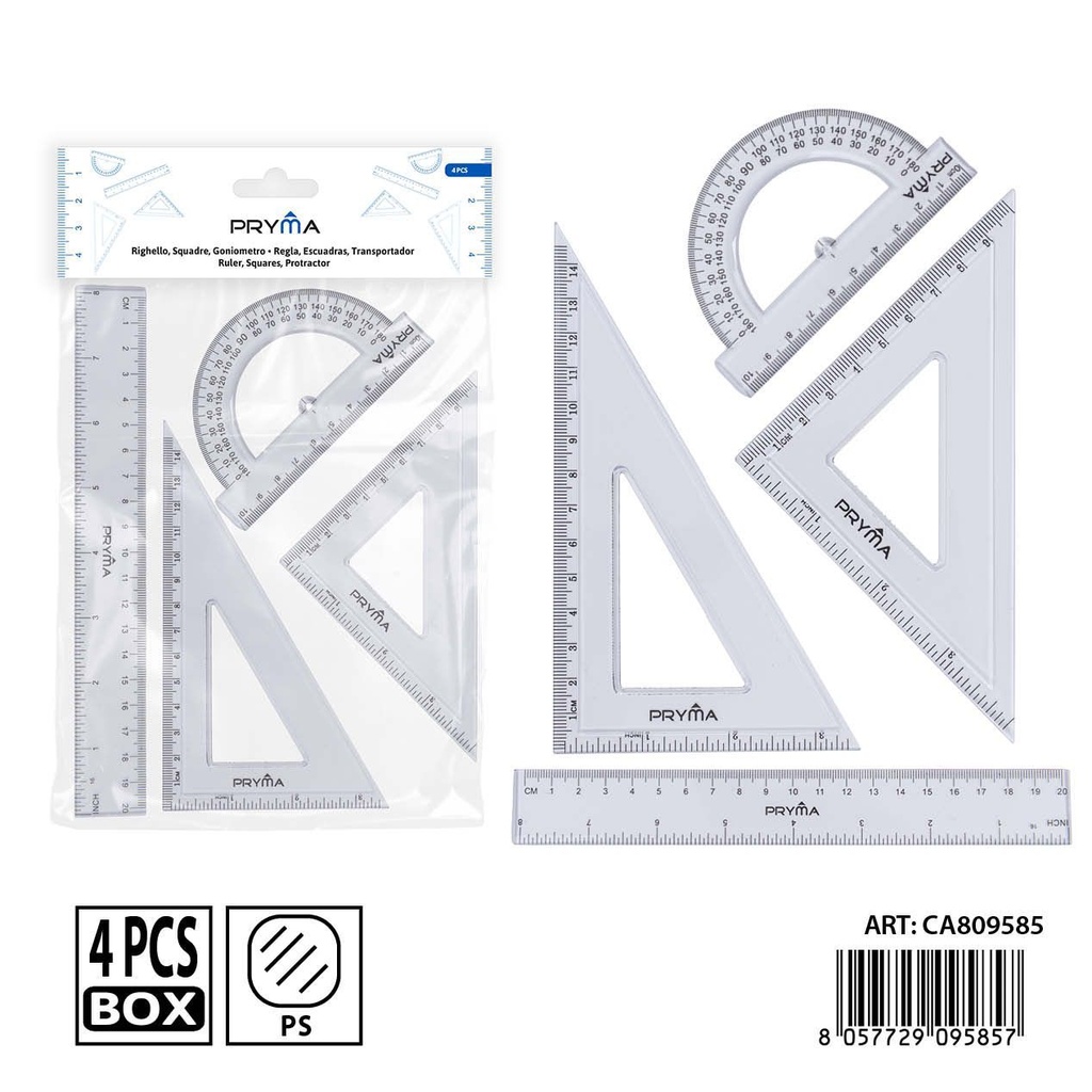 Set de regla de 20 cm con escuadra y transportador - Papelería escolar