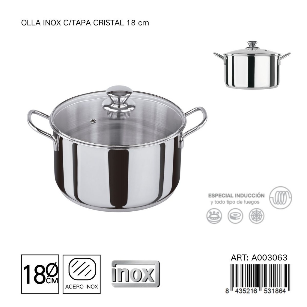 Olla de acero inoxidable con tapa de cristal 18 cm - Utensilios de cocina