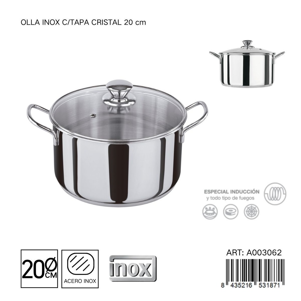 Olla de acero inoxidable con tapa de cristal 20 cm - Utensilios de cocina