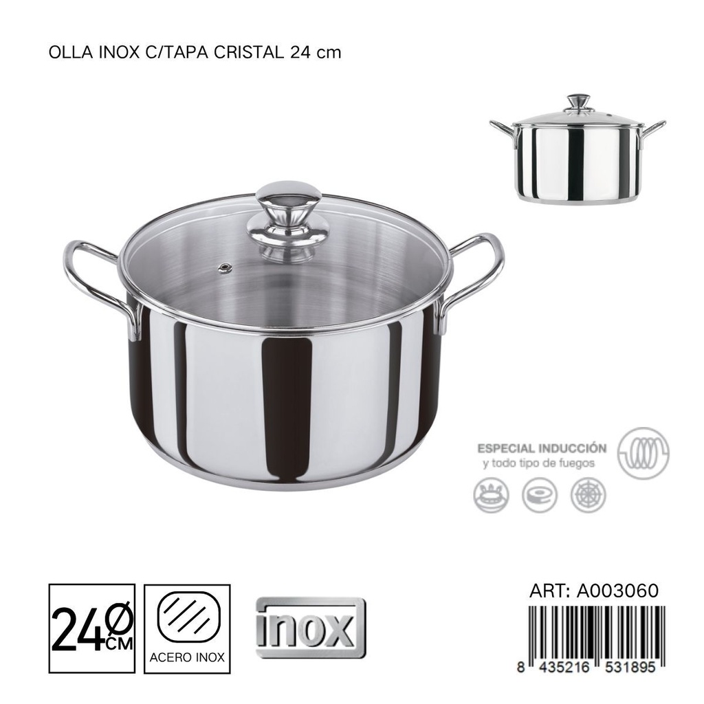 Olla de acero inoxidable con tapa de cristal 24 cm - Utensilios de cocina