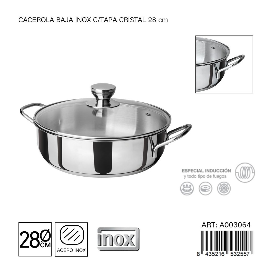 Cacerola baja de acero inoxidable con tapa de cristal 28 cm - Utensilios de cocina