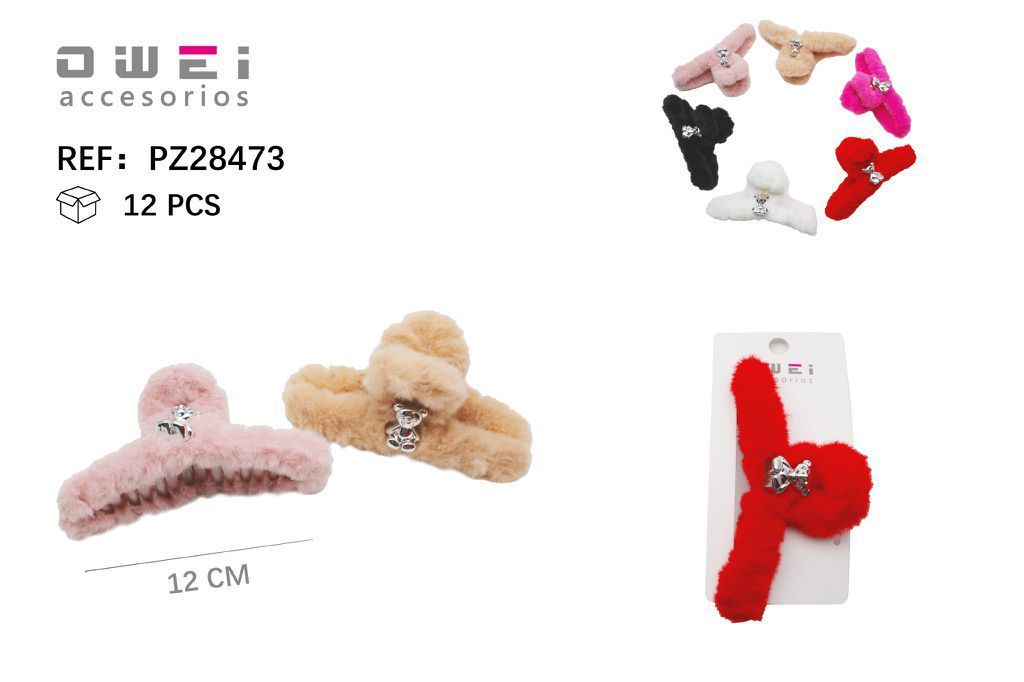 Pinza de pelo peluche 12 cm 12/U PZ28473 - Para un toque tierno y divertido