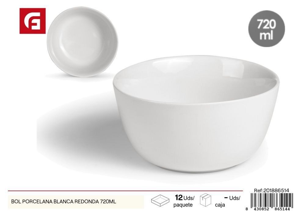 Bol de porcelana blanca redonda 720 ml - Vajilla de vidrio y cerámica
