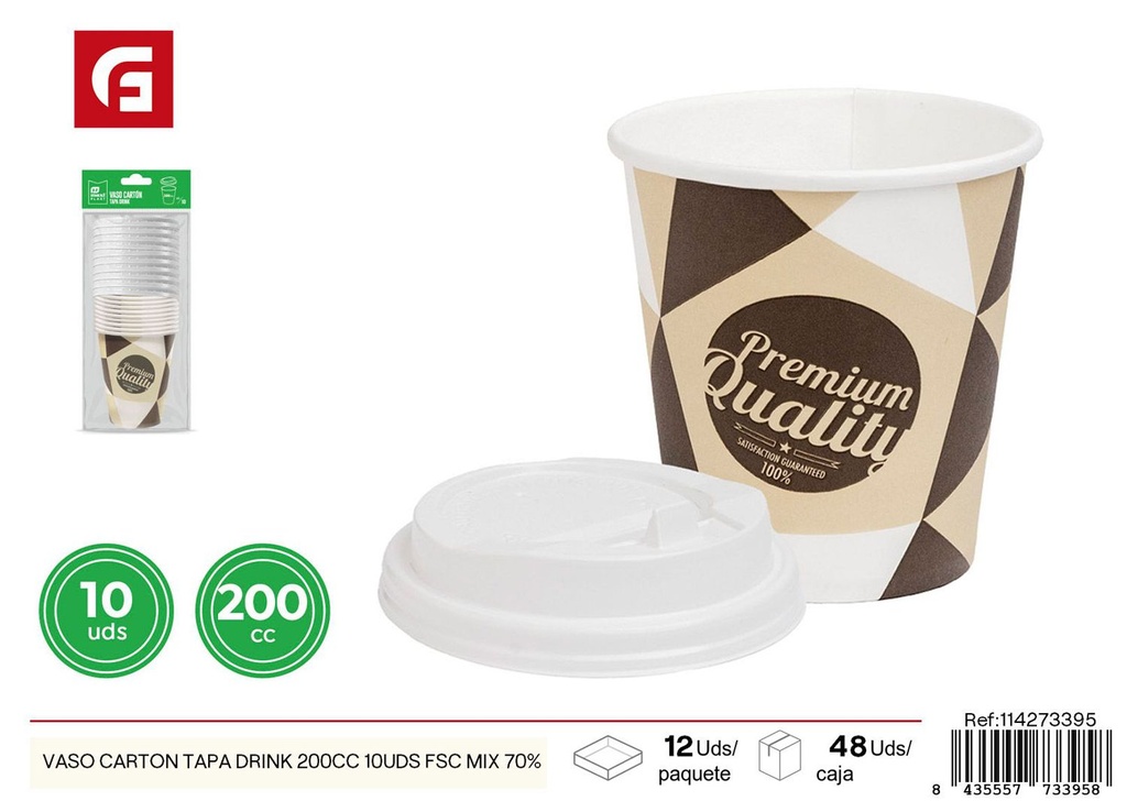 Vaso de cartón con tapa 200 cc 10 uds FSC - Vasos ecológicos desechables