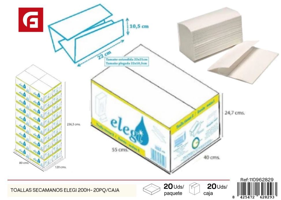 Toallas secamanos Elegi 200 h - 20 paquetes por caja - Papel de cocina