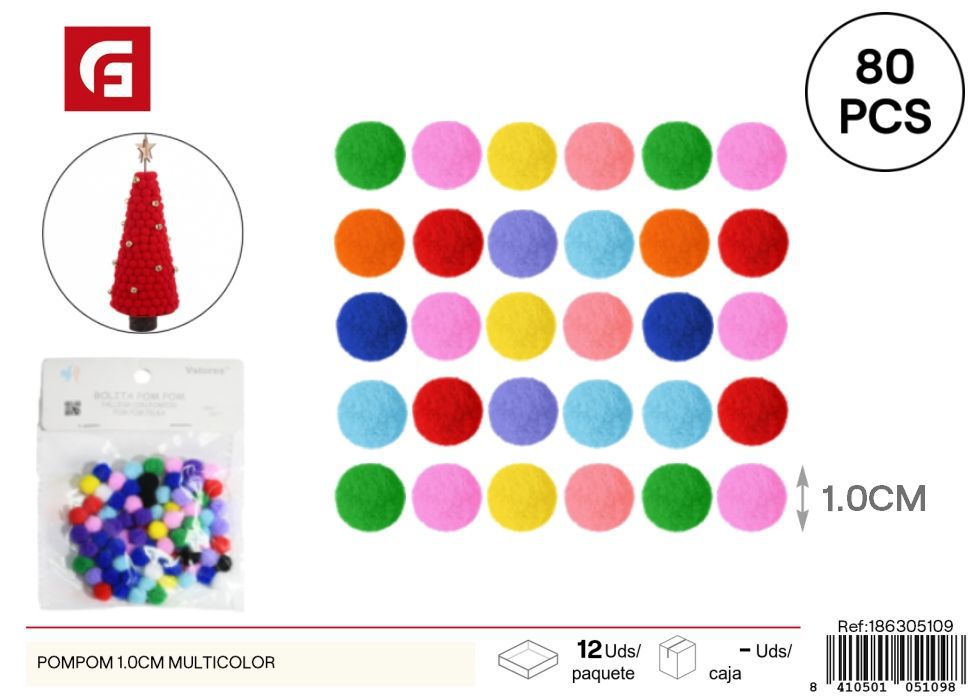 Pompón multicolor 1.0 cm - 80 piezas - Materiales para manualidades