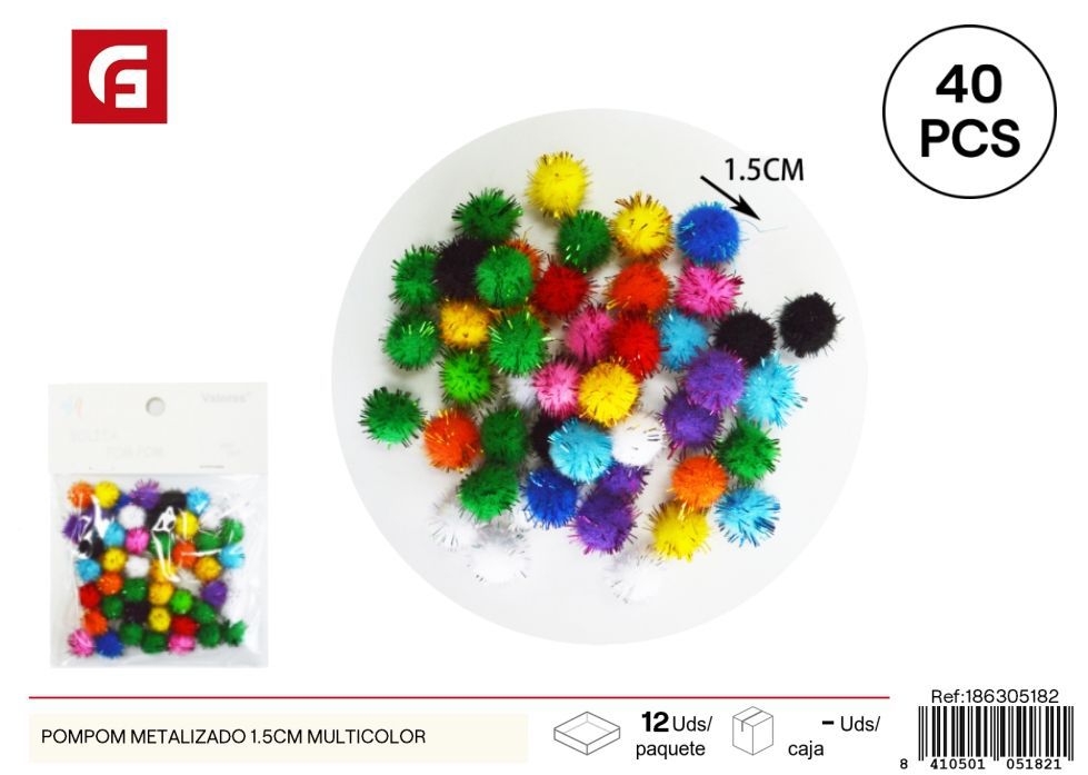Pompón metalizado 1.5 cm multicolor - 40 piezas - Materiales para manualidades