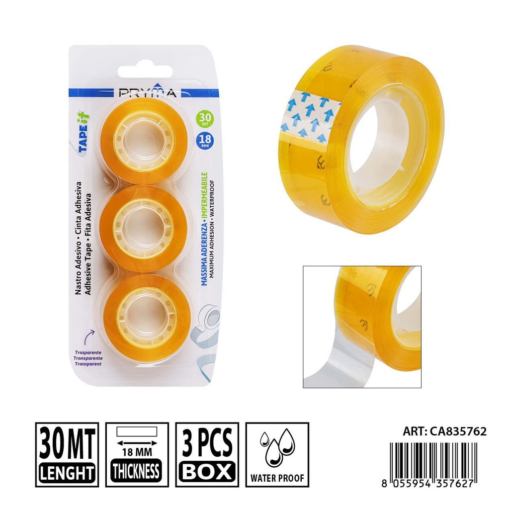 Cinta adhesiva amarilla 18 mm x 30 m 3 piezas - Papelería escolar