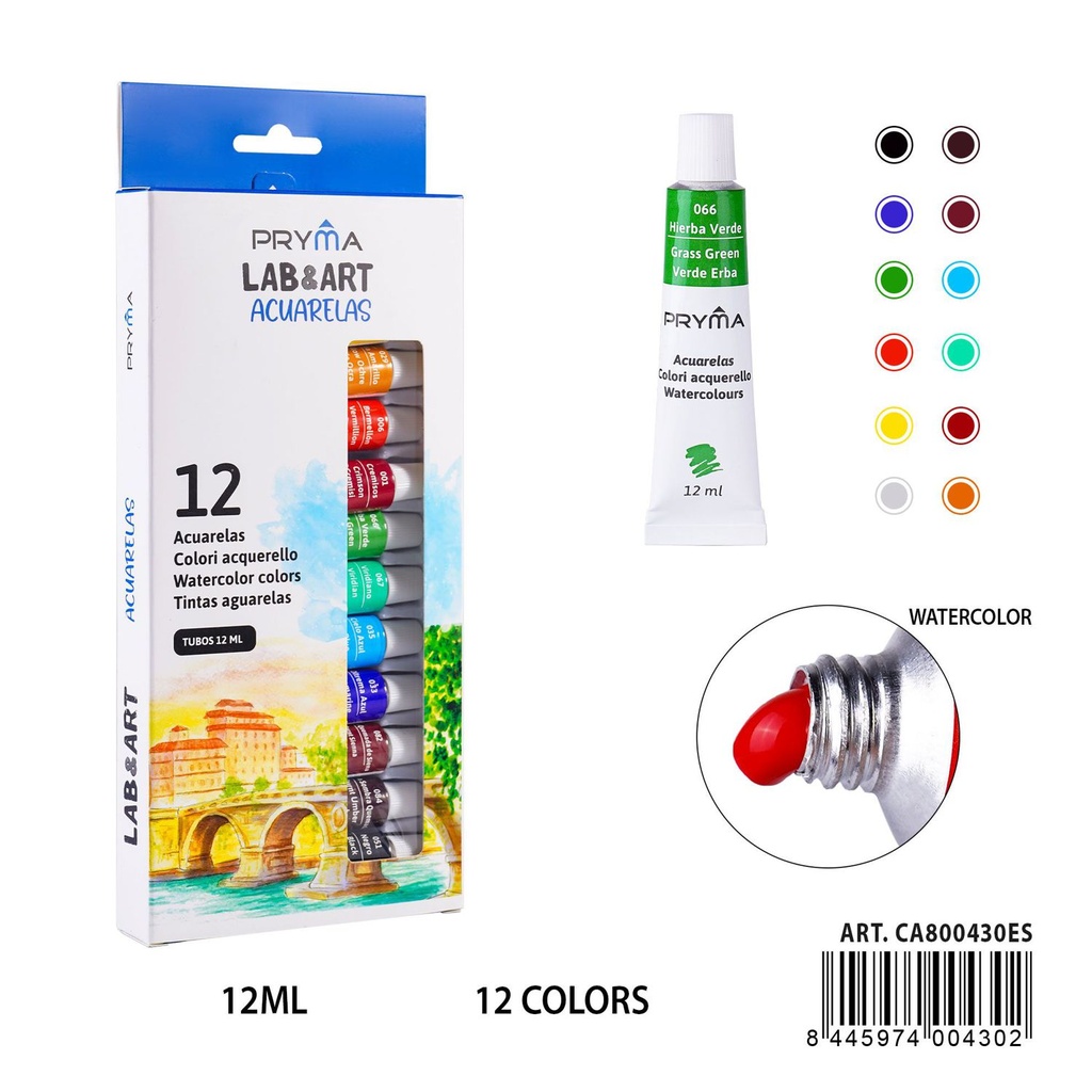 Pintura acuarela 12 piezas 12 ml - Materiales de arte