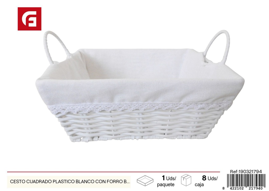 Cesto cuadrado plástico blanco con forro blanco - Cestas de mimbre y decoración