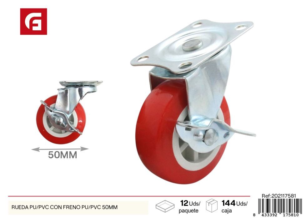 Rueda ligera con freno PU/PVC 50 mm roja - Accesorios de ferretería y ruedas