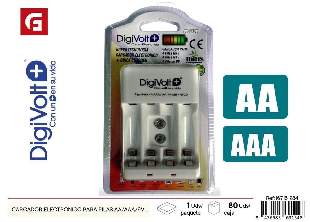 Cargador electrónico para pilas AA/AAA/9V 2402(80) - Electrónica y pilas
