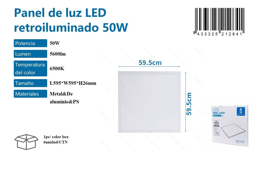 Panel de luz LED retroiluminado 50W 6500K L595*W595*H26MM - Iluminación y plafones
