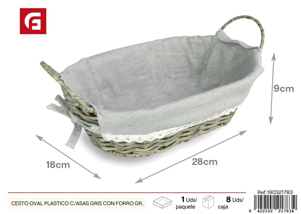 Cesto ovalado plástico con asas grises y forro gris - Cestas decorativas y almacenamiento