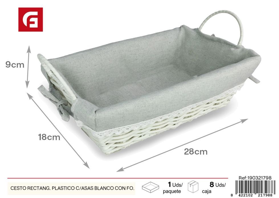 Cesto rectangular plástico con asas blancas y forro gris - Cestas decorativas para el hogar