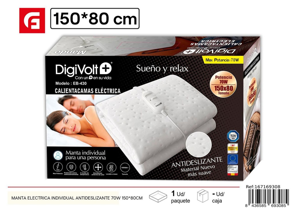 Manta eléctrica individual antideslizante 70W 150*80 cm - Textiles para el hogar y mantas eléctricas