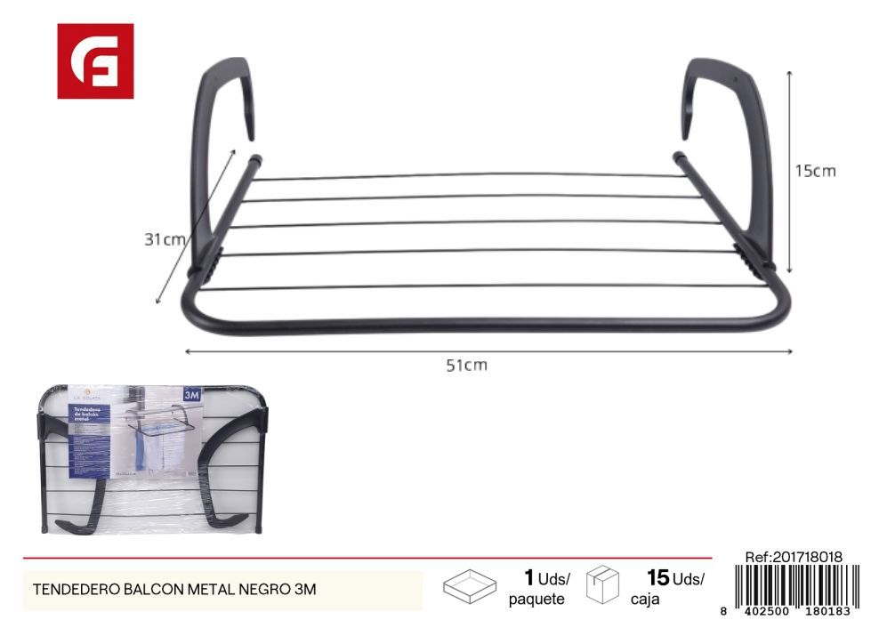 Tendedero de balcón de metal negro 3 m - Accesorio de limpieza