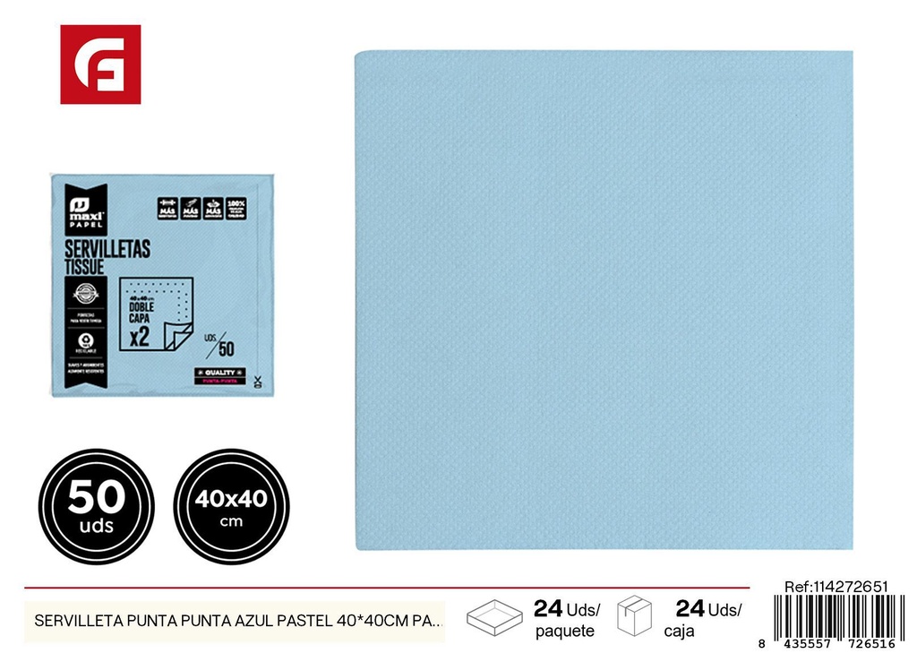 Servilleta punta azul pastel 40x40 cm papel 50 uds - Accesorios desechables para fiestas