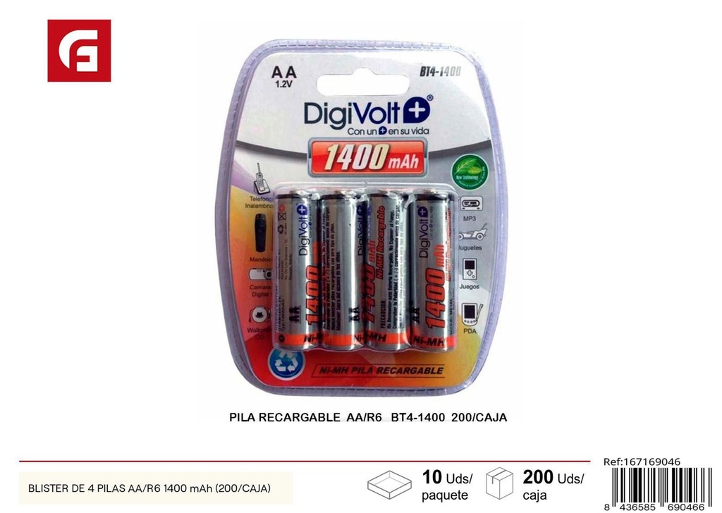 Blister de 4 pilas AA/R6 1400mAh (200 por caja) - Baterías recargables