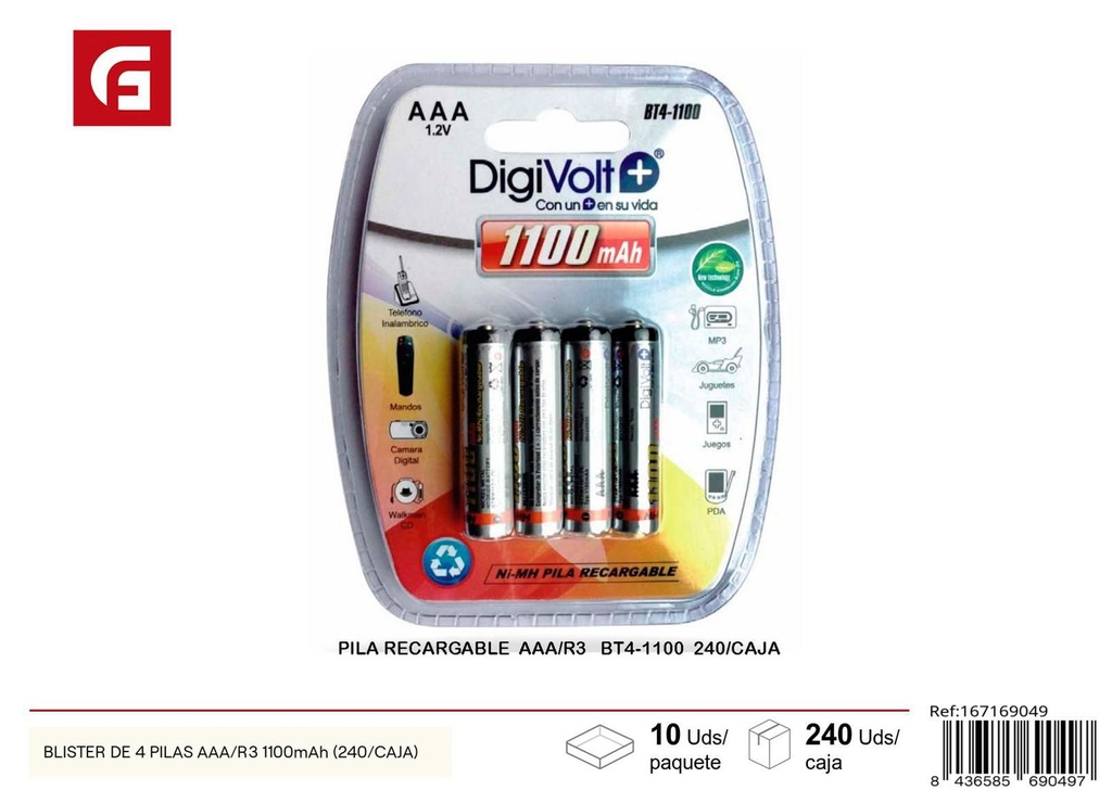 Blister de 4 pilas AAA/R3 1100mAh (240 por caja) - Baterías recargables