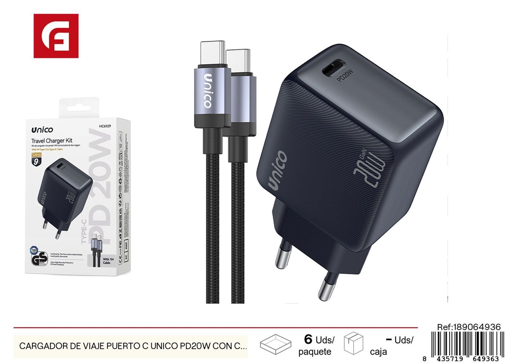 Cargador de viaje puerto C único PD20W - Electrónica y cargadores