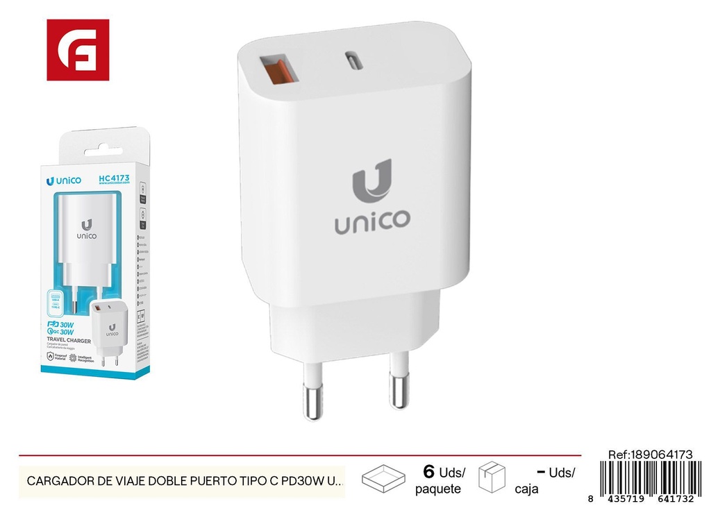 Cargador de viaje de doble puerto Tipo-C PD30W y USB-A QC30W - Cargadores de teléfono