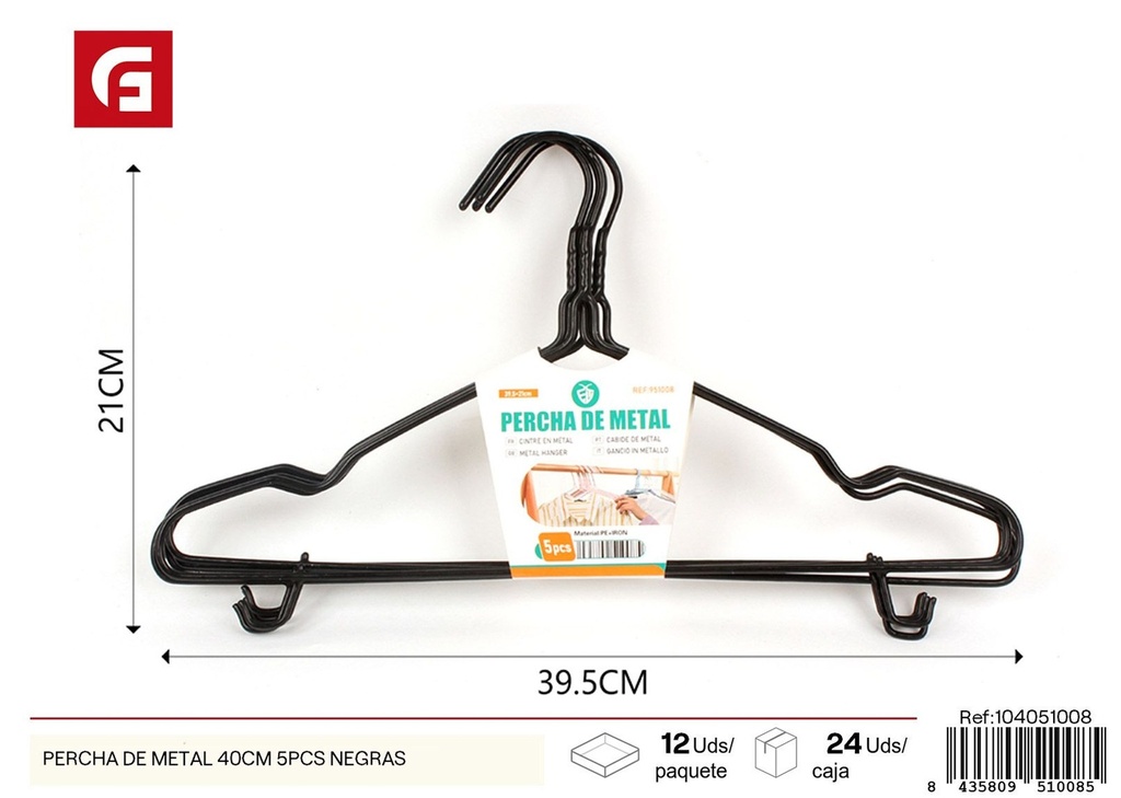 Percha de metal negra 40 cm 5 pcs - Perchas para ropa