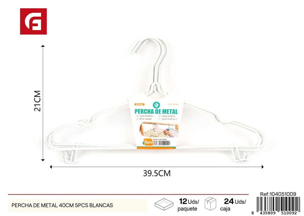 Percha de metal blanca 40 cm 5 pcs - Perchas para ropa