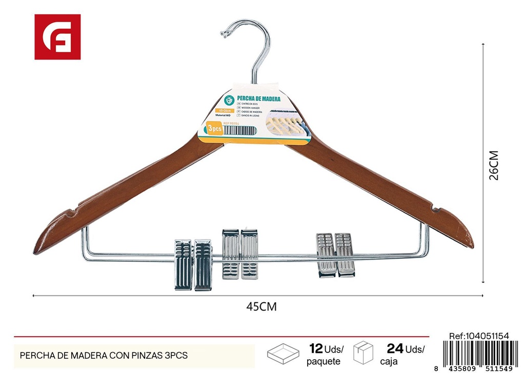 Percha de madera con pinzas 3 pcs - Accesorios de ordenación y hogar