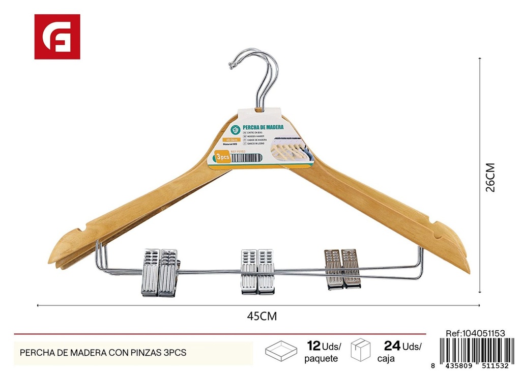 Percha de madera con pinzas de 3 pcs - Perchas para ropa