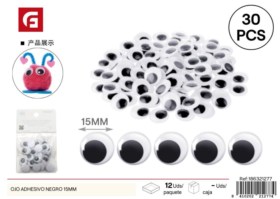 Ojos negros con pegatina 15mm 30 piezas - Artículos de manualidades y decoración