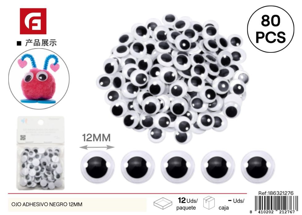 Ojos negro con pegatina 12mm 80 piezas - Material de manualidades