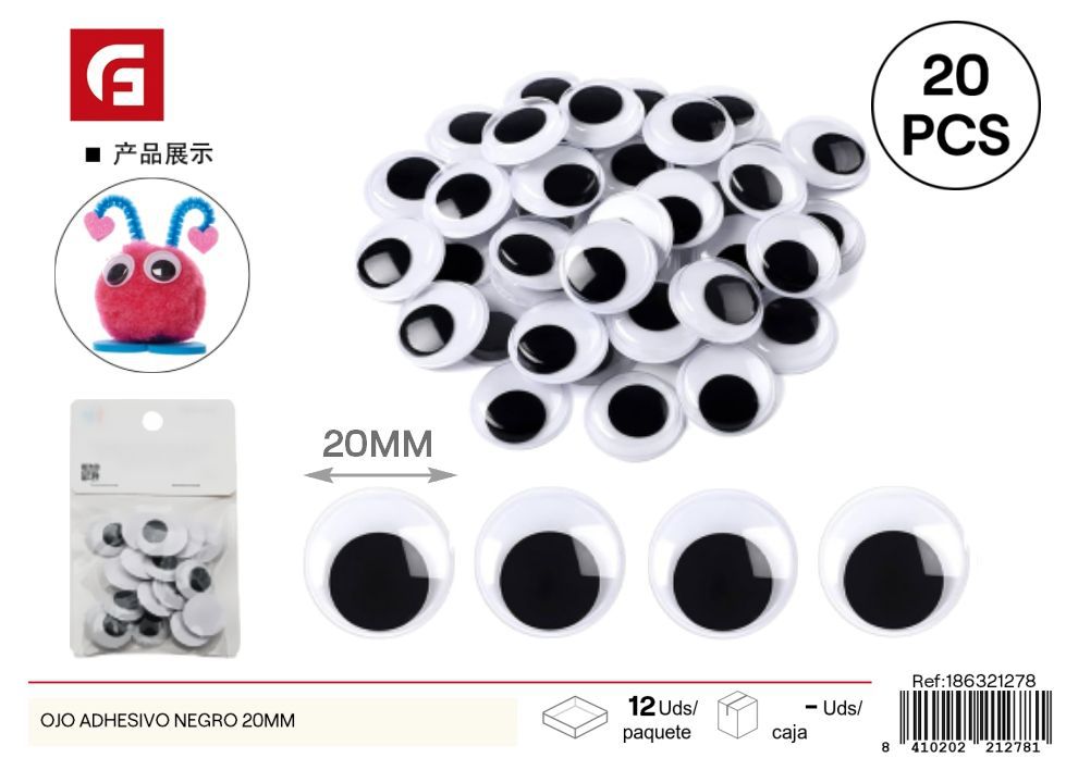 Ojos negro con pegatina 20mm 20 piezas - Material de manualidades