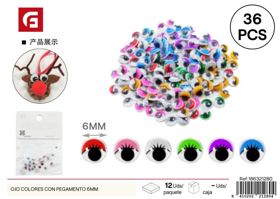 Ojos colores con pegatina 6mm 36 piezas - Material de manualidades