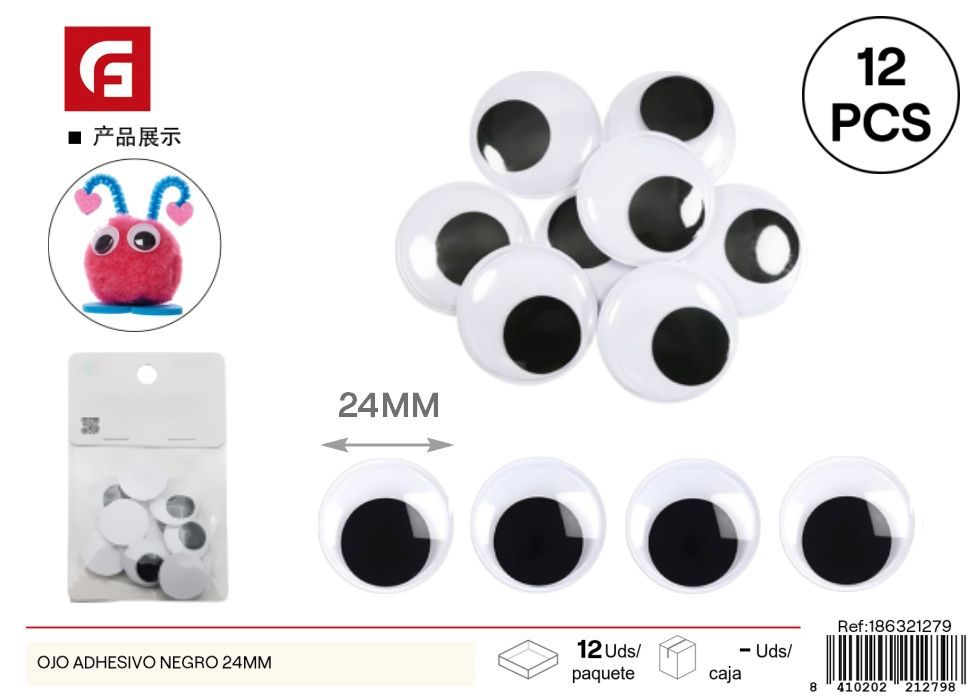 Ojos negro con pegatina 24mm 12 piezas - Material de manualidades